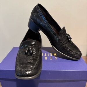 Stuart Weitzman Tassel Shiny Black Leather Crocodile Pattern Loafers!